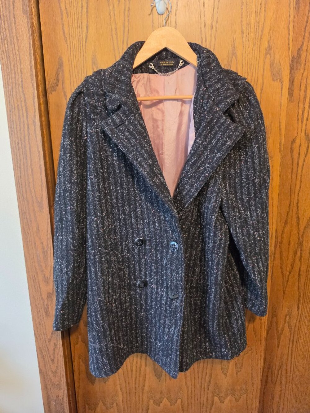 Vintage 80s Confetti Tweed Wool Coat - Pink Lining - Large